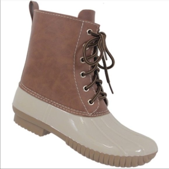 Duck Boots Lace Up Beige Nude Brown Rainboots - Picture 4 of 6